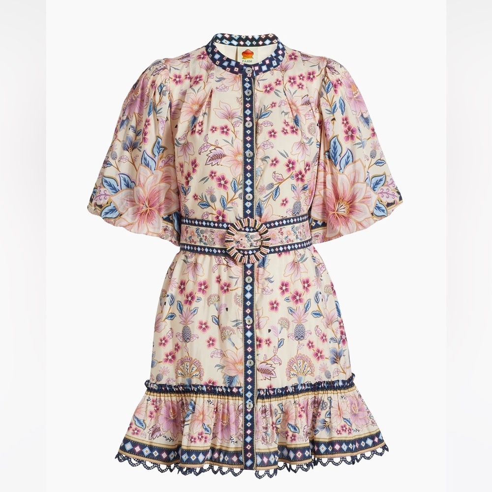 SOLD - Farm Rio Superbloom Belted Puff Sleeve Minidress